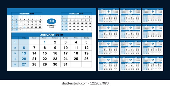 Calendar template for 2019 years. Set of 12 calendar pages vector design print template with place for your logo. Simple blue background. Week starts on Sunday