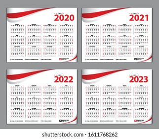 Calendar template for 2020, 2021, 2022, 2023 years on white background, Desk calendar 2023, Wall calendar template, Week starts from Sunday, Poster, planner, red wave background, vector illustration