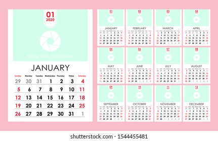 Calendar template for 2020. Clear font and layout. Week starts from sunday. One month on one card. A set of 12 full months. Vector wall calendar with a place for a photo or graphics. Copy space.