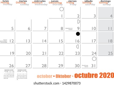 Calendar template 2020, month of October, with days and month in three languages, lunar faces and holidays