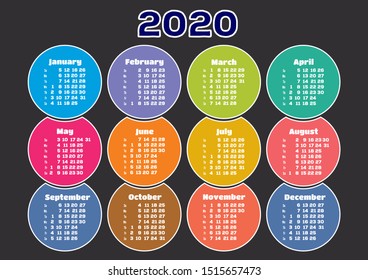 Calendar template for 2020. Vector illustration 