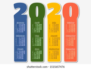 Calendar template for 2020. Vector illustration 
