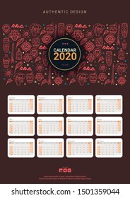 Calendar template for 2020 year with African motive. Doodle elements