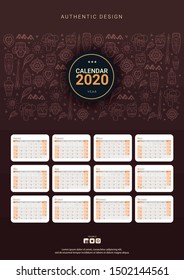 Calendar template for 2020 year with African motive. Doodle elements