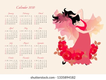 Calendar template for 2020 year. Beautiful girl in a long dress decorated with garlands of red roses, dancing flamenco with a translucent shawl in the form of a flying fairy-tale bird.