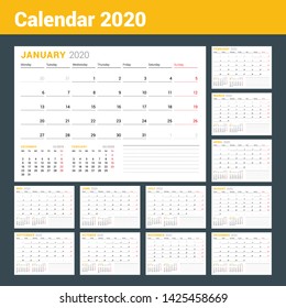 Calendar template for 2020 year. Business planner. Stationery design. Week starts on Monday. Vector illustration