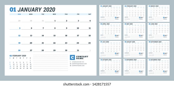 Calendar template for 2020 year. Business planner. 12 months and 2020 year calendar. Stationery design. Week starts on Sunday