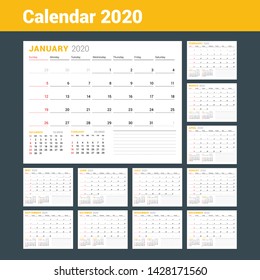 Calendar template for 2020 year. Business planner. Stationery design. Week starts on Sunday. Vector illustration