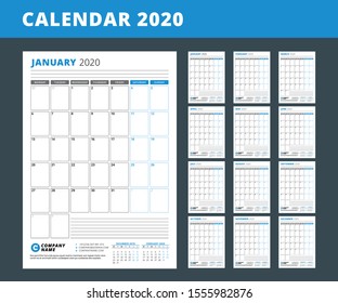 Calendar template for 2020 year. Business planner. Stationery design. Week starts on Monday. Set of 12 months. Portrait orientation. Vector illustration