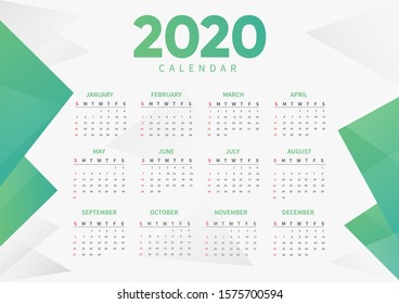 Calendar template for 2020 year. colorful design. Week starts on Sunday. 12 Months on the page. Vector illustration