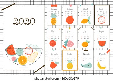 Calendar template for 2020 year with fruits. Vector hand drawn illustration.