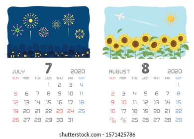 calendar template for 2020 year with Japanese events. July, August.