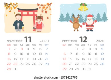 calendar template for 2020 year with Japanese events. ,November, December.