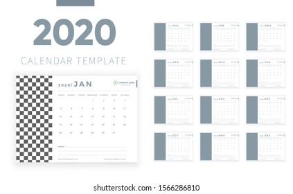 Calendar template for 2020 year. minimal design. Week starts on Sunday. 12 Months on the page. Vector illustration