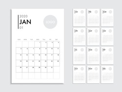 Calendar Template For 2020 Year. Planner Vector Diary In A Minimalist Style. Corporate And Business Calendar Template. Day Planner For Records Throughout The Year.