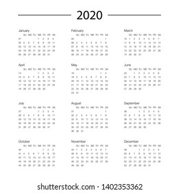 Calendar template for 2020 year. Planner vector diary in a minimalist style. Corporate and business calendar template. Day planner for records throughout the year.