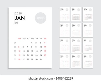 Calendar template for 2020 year. Planner vector diary in a minimalist style. Corporate and business calendar template. Day planner for records throughout the year. Week start on Sunday