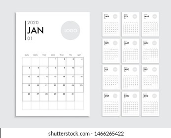 Calendar template for 2020 year. Planner vector diary in a minimalist style. Corporate and business calendar template. Day planner for records throughout the year.