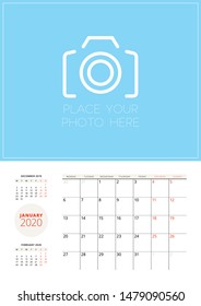 Calendar template for 2020 year. Planner for January 2020. Vector stationery template with place for photo. Week starts on Monday