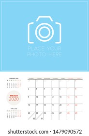 Calendar template for 2020 year. Planner for March 2020. Vector stationery template with place for photo. Week starts on Monday