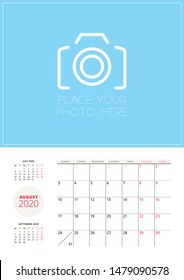 Calendar template for 2020 year. Planner for August 2020. Vector stationery template with place for photo. Week starts on Monday