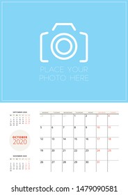 Calendar template for 2020 year. Planner for October 2020. Vector stationery template with place for photo. Week starts on Monday