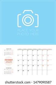Calendar template for 2020 year. Planner for September 2020. Vector stationery template with place for photo. Week starts on Monday
