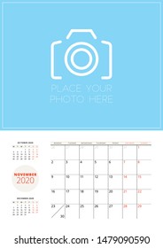 Calendar template for 2020 year. Planner for November 2020. Vector stationery template with place for photo. Week starts on Monday