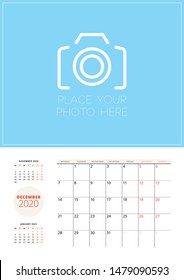 Calendar template for 2020 year. Planner for December 2020. Vector stationery template with place for photo. Week starts on Monday