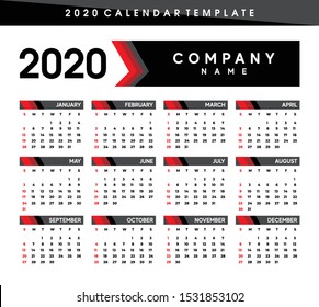 Calendar Template 2020 year. Planner diary, Corporate and business calendar. 2020 calendar in modern table red shape and white color event planner background, Week Starts Monday.