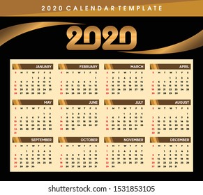 Calendar Template 2020 year. Planner diary, Corporate and business calendar. 2020 calendar in modern table gold shape and black color event planner background, Week Starts Monday.