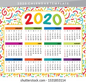 Calendar Template 2020 year. Planner diary, Corporate and business calendar. 2020 calendar in cute table colorful shape and white color event planner background, Week Starts Monday.