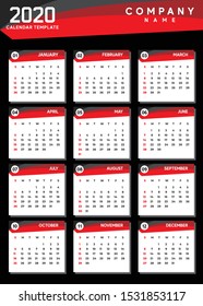 Calendar Template 2020 year. Planner diary, Corporate and business calendar. 2020 calendar in modern table red shape and black color event planner, Week Starts Monday.