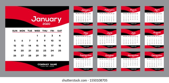 Calendar template for 2020 year. Planner diary in a minimalist style. Corporate and business calendar. 2020 calendar in minimal table and red and white color event planner, Week Starts Sunday