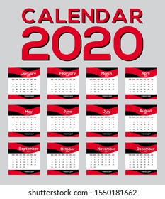 Calendar template for 2020 year. Planner diary in a minimalist style. Corporate and business calendar. 2020 calendar in minimal table and red and white color event planner, Week Starts Monday
