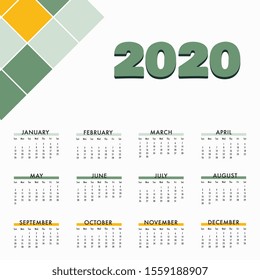 Calendar template for 2020 year. Planner diary in a minimalist style. Corporate and business calendar.