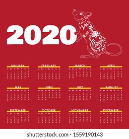 Calendar template for 2020 year. Planner diary in a minimalist style. Chinese calendar for the year of rat 2020