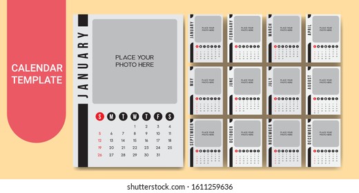 Calendar template for 2020 year. Planner diary in a minimalist style. Corporate and business calendar. 2020 calendar in minimal table and gray and yellow soft color event planner, Week Starts Sunday