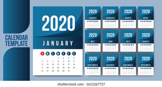 Calendar template for 2020 year. Planner diary in a minimalist style. Corporate and business calendar. 2020 calendar in minimal table and blue color event planner, Week Starts Sunday