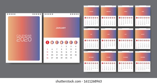 Calendar template for 2020 year. Planner diary in a minimalist style. Corporate and business calendar. 2020 calendar in minimal table, Week Starts Sunday