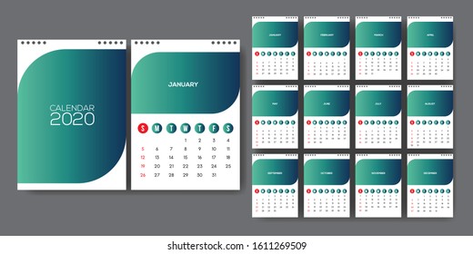 Calendar template for 2020 year. Planner diary in a minimalist style. Corporate and business calendar. 2020 calendar in minimal table and green color event planner, Week Starts Sunday