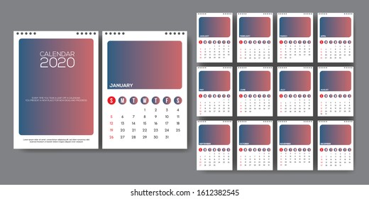 Calendar template for 2020 year. Planner diary in a minimalist style. Corporate and business calendar. 2020 calendar in minimal table and blue color event planner, Week Starts Sunday