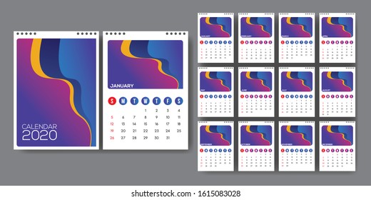 Calendar template for 2020 year. Planner diary in a minimalist style. Corporate and business calendar. 2020 calendar in minimal table and purple color event planner, Week Starts Sunday