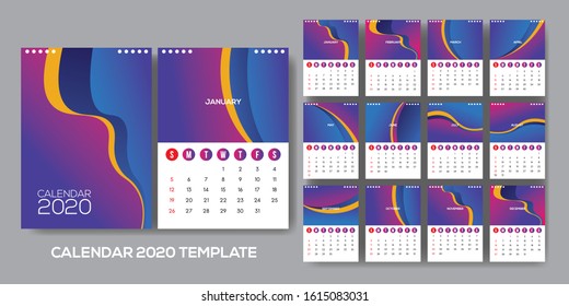 Calendar template for 2020 year. Planner diary in a minimalist style. Corporate and business calendar. 2020 calendar in minimal table and purple color event planner, Week Starts Sunday