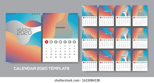 Calendar template for 2020 year. Planner diary in a minimalist style. Corporate and business calendar. 2020 calendar in minimal table and soft color event planner, Week Starts Sunday