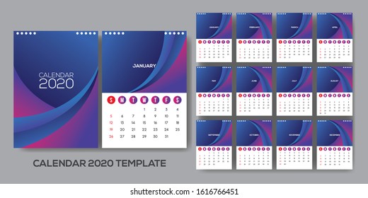 Calendar template for 2020 year. Planner diary in a minimalist style. Corporate and business calendar. 2020 calendar in minimal table and blue color event planner, Week Starts Sunday