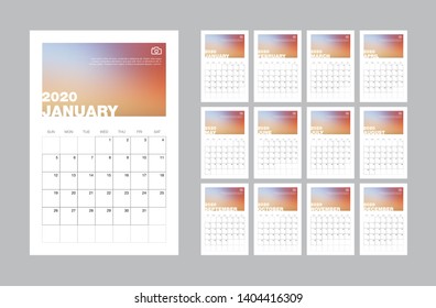 Calendar template for 2020 year. Set Desk Calendar template design with Place for Photo and Company Logo. Week Starts on Sunday. Set of 12 Months - Vector