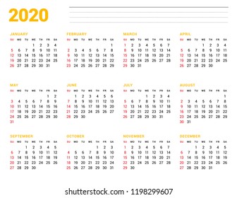 Calendar template for 2020 year. Stationery design. Week starts on Sunday. 12 Months on the page. Vector illustration