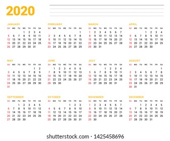 Calendar template for 2020 year. Stationery design. Week starts on Sunday. 12 Months on the page. Vector illustration