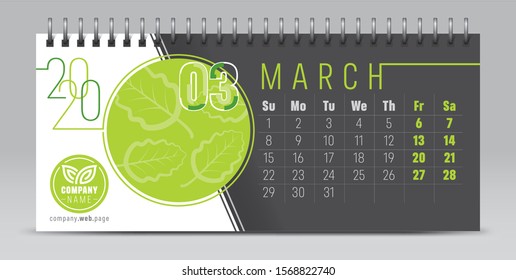 Calendar template for 2020 year. Vector and typographic planner diary in minimalist style.
